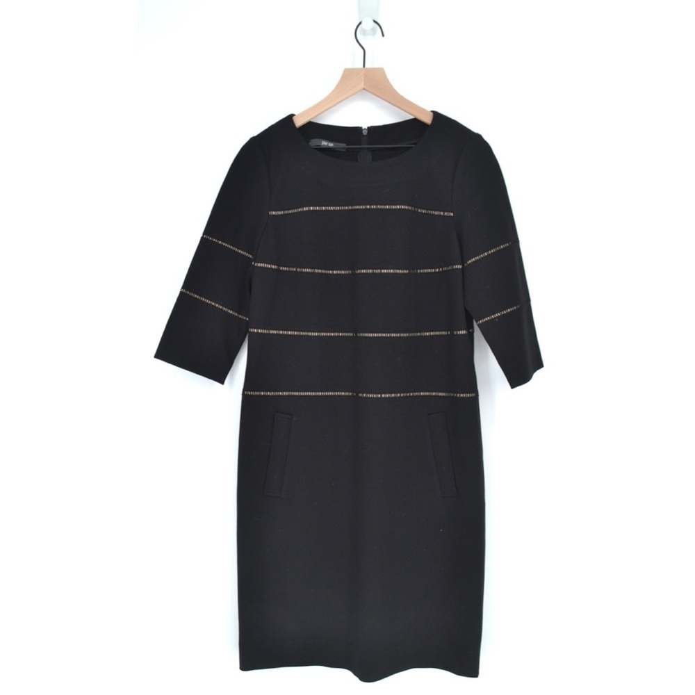 PER SE Ponte Knit Stretch Sheath Dress 3/4 Sleeve Pocket Ladder Black Women's 10